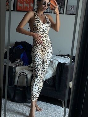 Leopard Halter Jumpsuit in White & Brown